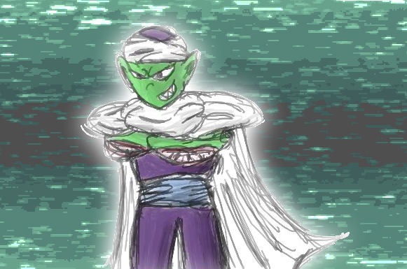 An illustration of a green humanoid creature with an evil grin, arms folded and an outfit consisting of a huge white cape with shoulder pads, a purple gi and a white and purple turban.